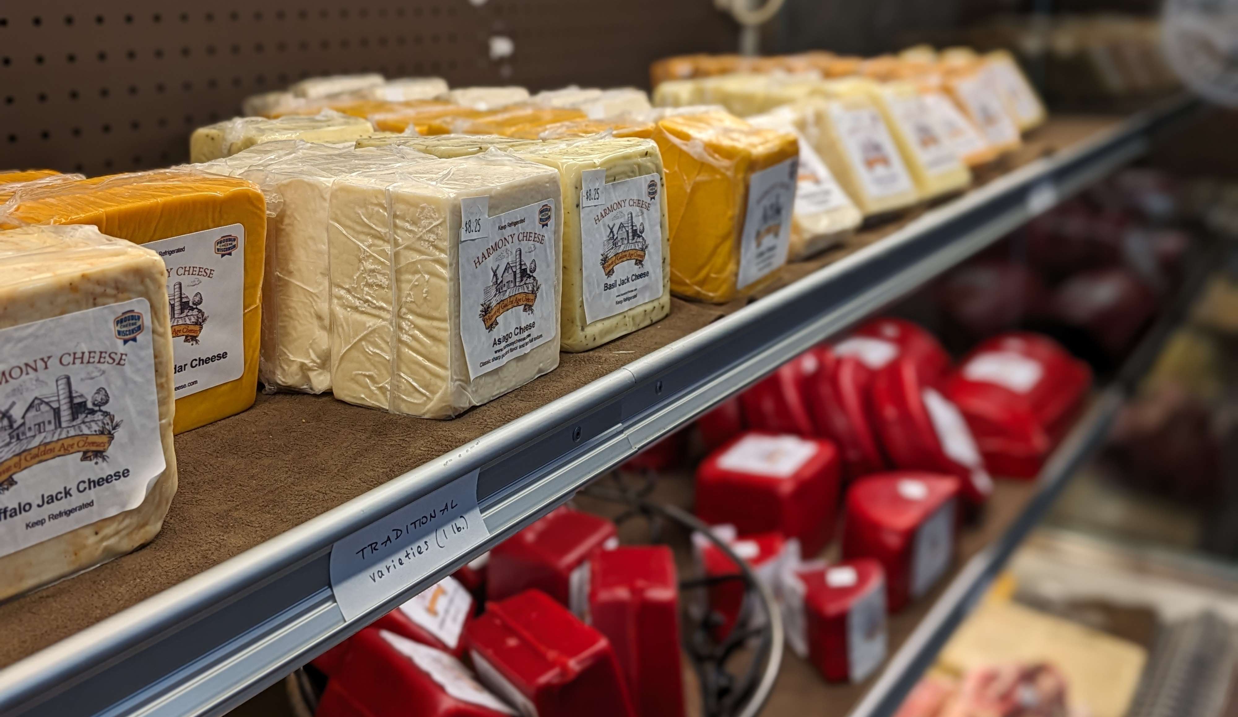 Showing the variety of cheese in our cheese store